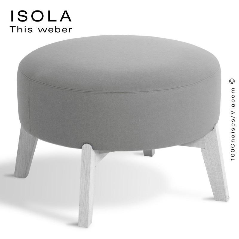 Pouf ISOLA-65, piétement bois peint blanc, assise garnie habillage tissu gris