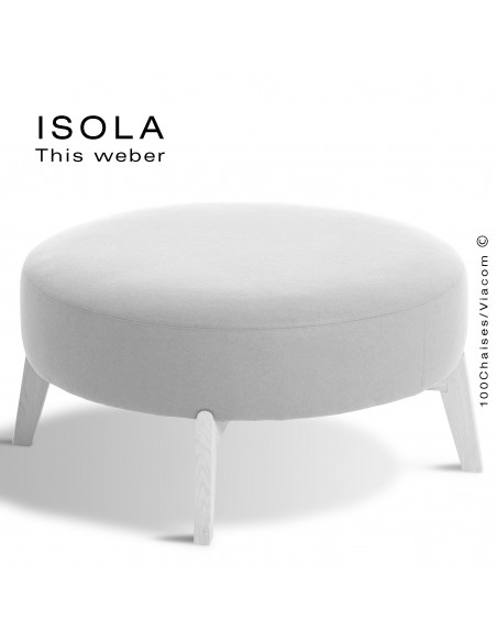 Pouf ISOLA-90, piétement bois peint blanc, assise garnie habillage tissu blanc