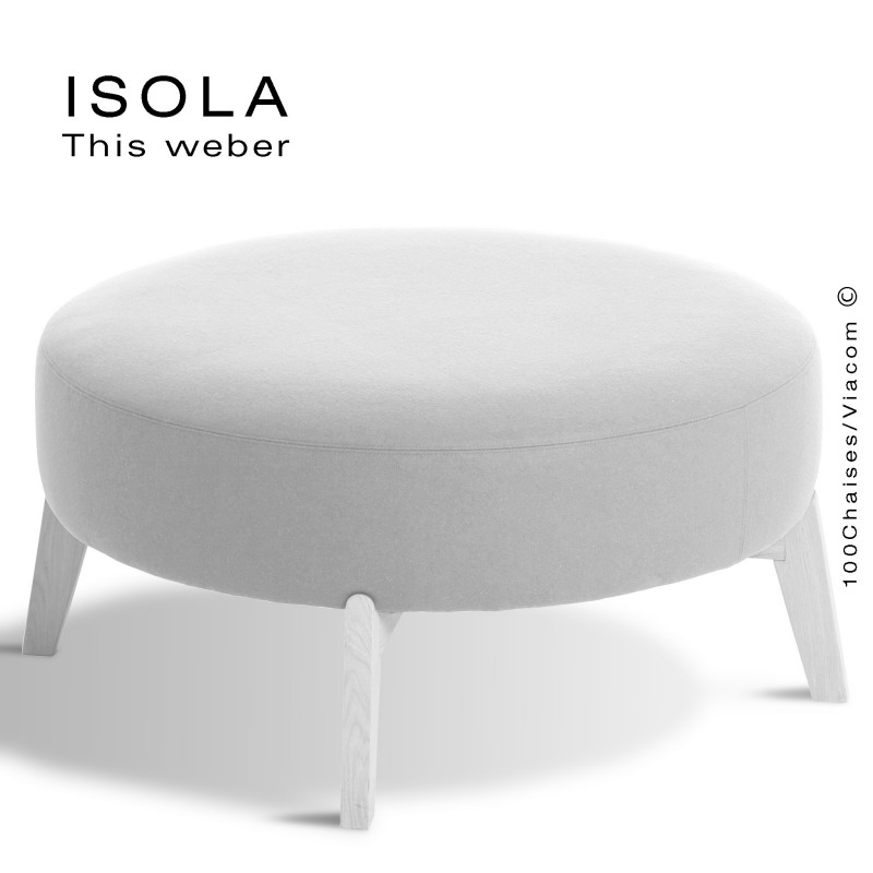 Pouf ISOLA-90, piétement bois peint blanc, assise garnie habillage tissu blanc