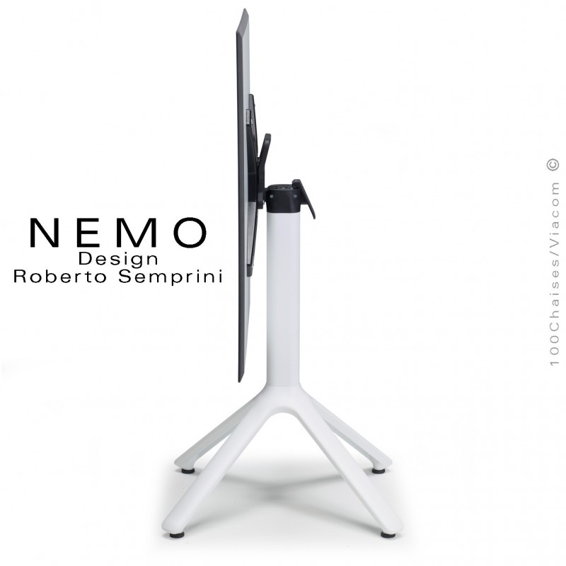 Table NEMO, pour CHR., piétement encastrable aluminium, couleur blanc, plateau rabattable compact couleur anthracite.