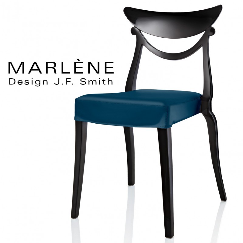 Chaise design MARLÈNE structure plastique opaque brillant couleur noir, assise habillage cuir synthétique bleu marine.