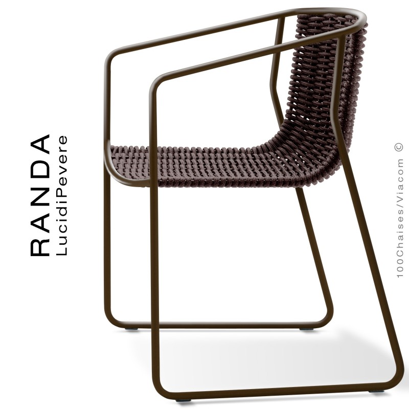 Fauteuil RANDA, structure acier peint marron, assise et dossier tressage corde unie marron