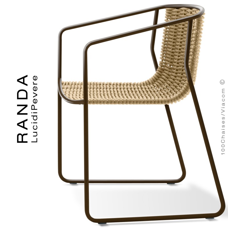 Fauteuil RANDA, structure acier peint marron, assise et dossier tressage corde unie beige