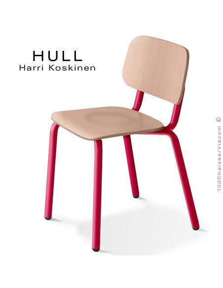 Chaise HULL, structure acier peint rouge rubis, assise et dossier hêtre teinté érable.