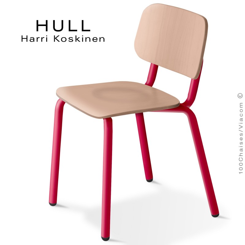 Chaise HULL, structure acier peint rouge rubis, assise et dossier hêtre teinté érable.