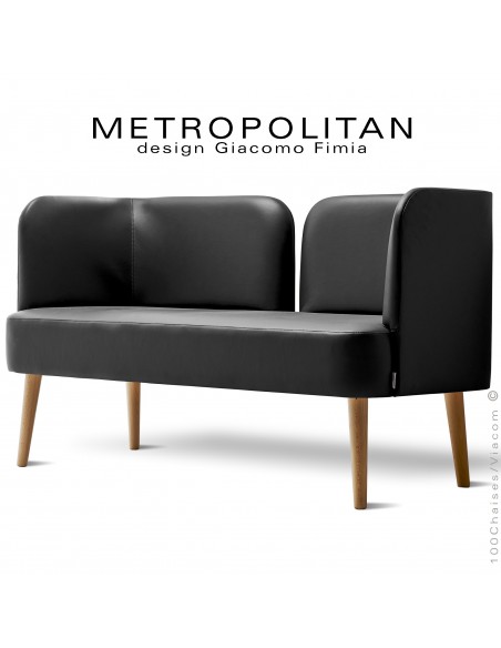 Banquette design METROPOLITAN, piétement bois naturel, habillage cuir synthétique couleur noir.