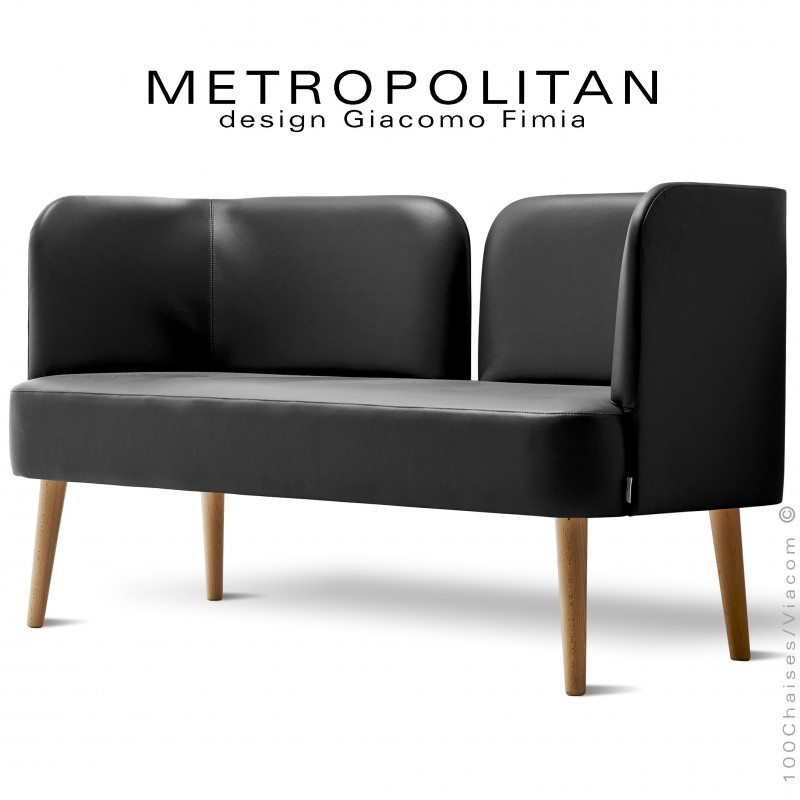 Banquette design METROPOLITAN, piétement bois naturel, habillage cuir synthétique couleur noir.