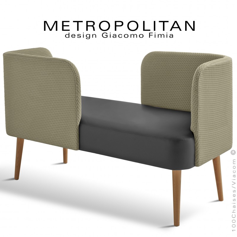 Banquette design conversation METROPOLITAN, piétement vernis naturel, assise cuir noir, dossier tissu Bubble vert.