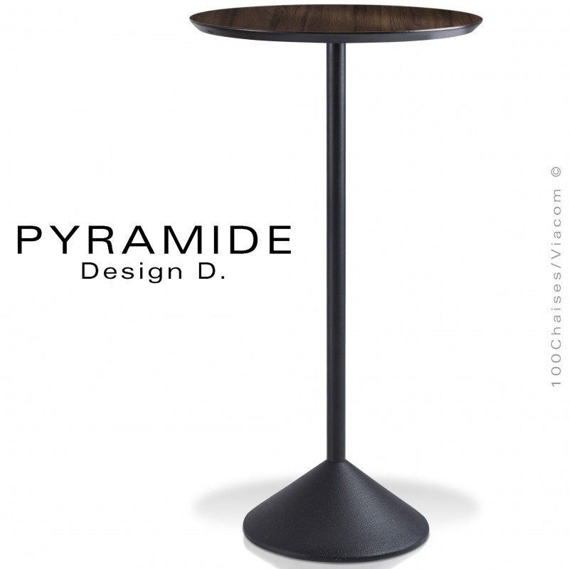 Table mange debout PYRAMIDE pour CHR., piétement fonte d'aluminium peint noir, plateau stratifié aspect bois wengé.