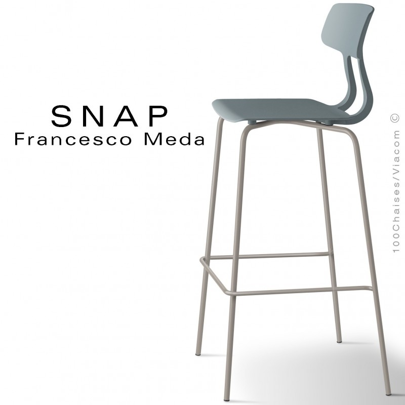 Tabouret de bar SNAP, piétement acier peint gris tourterelle, assise coque plastique couleur gris petit gris.