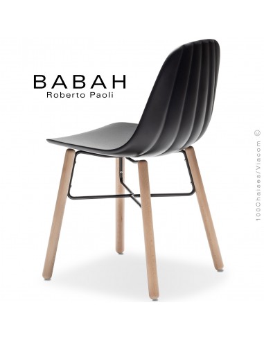 Tabouret de cuisine design BABAH-W65, pieds bois massif hêtre vernis,  structure acier peint, assise plastique couleur nervurée.