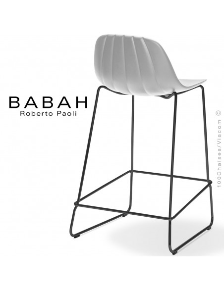 Tabouret de cuisine BABAH 65, pieds luge acier noir, assise plastique blanc.