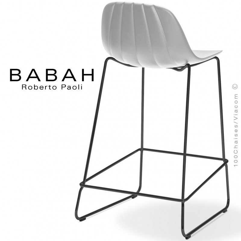 Tabouret de cuisine BABAH 65, pieds luge acier noir, assise plastique blanc.