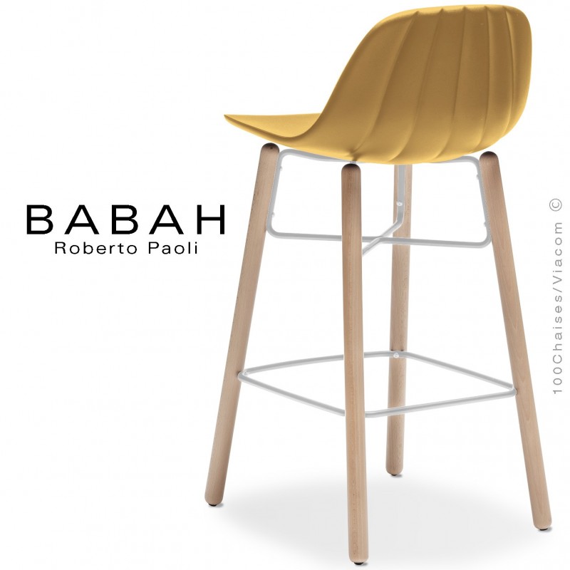 Tabouret de cuisine BABAH W65, pieds bois hêtre, structure acier blanc, assise plastique jaune.