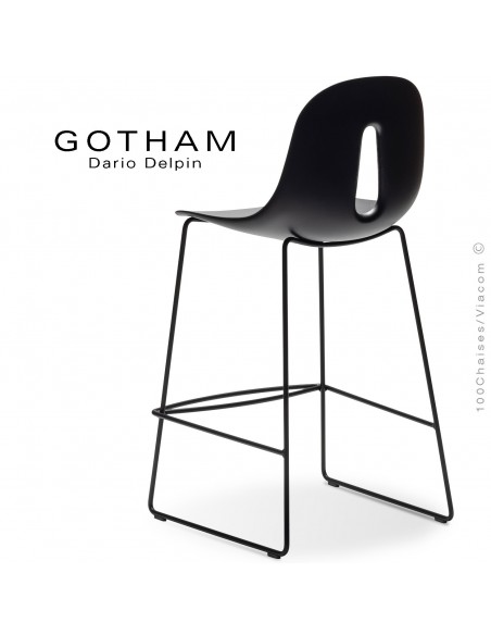 Tabouret de cuisine GOTHAM-SL-SG-65, structure luge acier noir, assise plastique noir