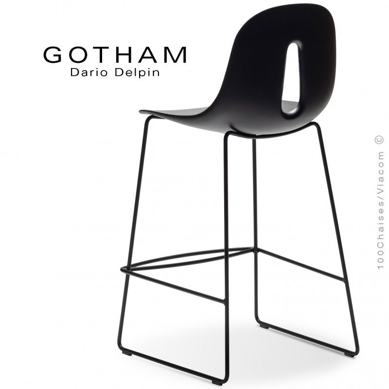 Tabouret de cuisine GOTHAM-SL-SG-65, structure luge acier noir, assise plastique noir