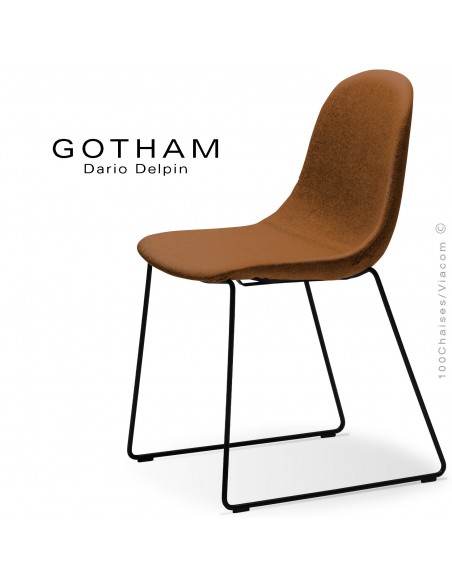 Chaise design GOTHAM-SLI, structure luge acier noir, assise garnie de mousse habillage tissu orange réf.: 308.