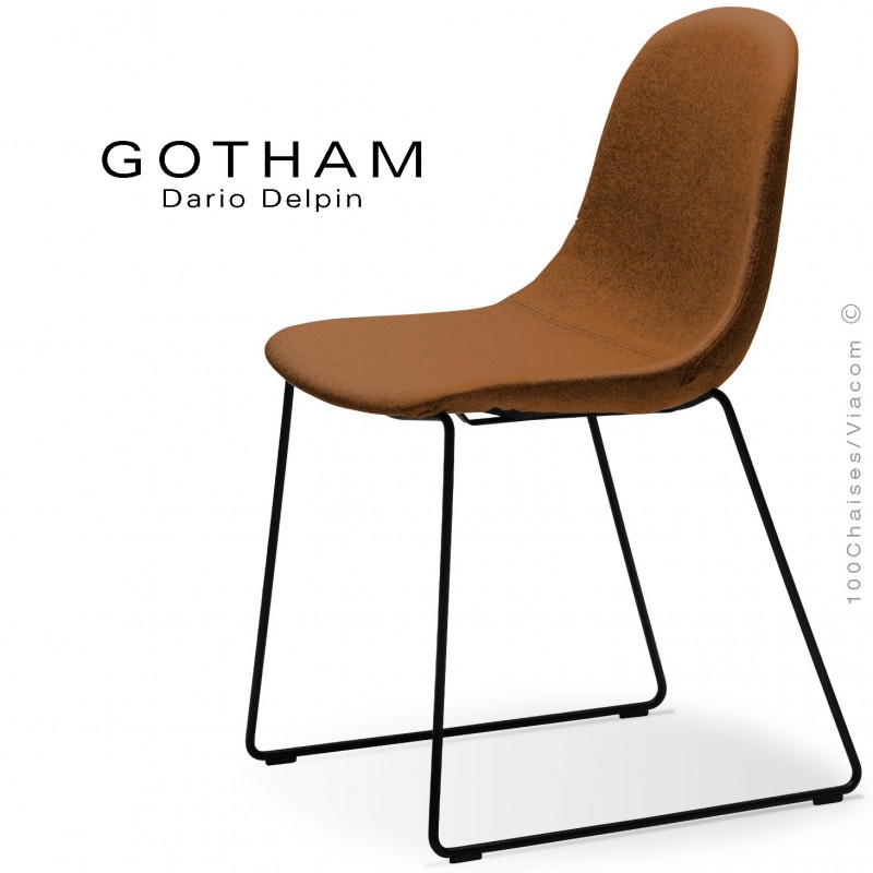 Chaise design GOTHAM-SLI, structure luge acier noir, assise garnie de mousse habillage tissu orange réf.: 308.