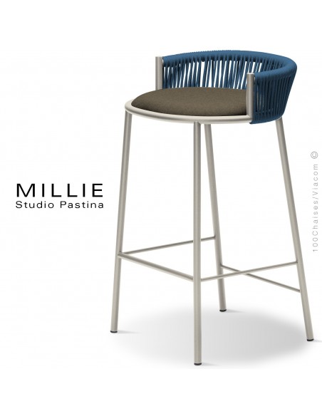 Tabouret de cuisine MILLIE-SG-65, piétement acier sand, assise tissu 419marron, dossier corde bleu.