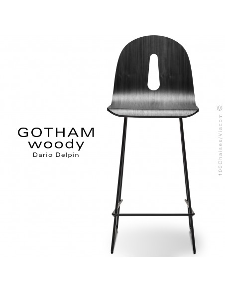 Tabouret de cuisine GOTHAM WOODY-SL-SG-65, piétement luge acier noir, assise coque bois noir.