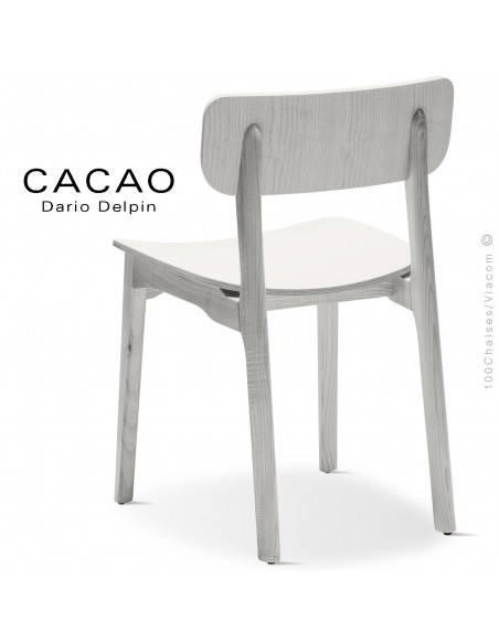 Chaise design CACAO-L, piétement et assise bois teinté blanc.