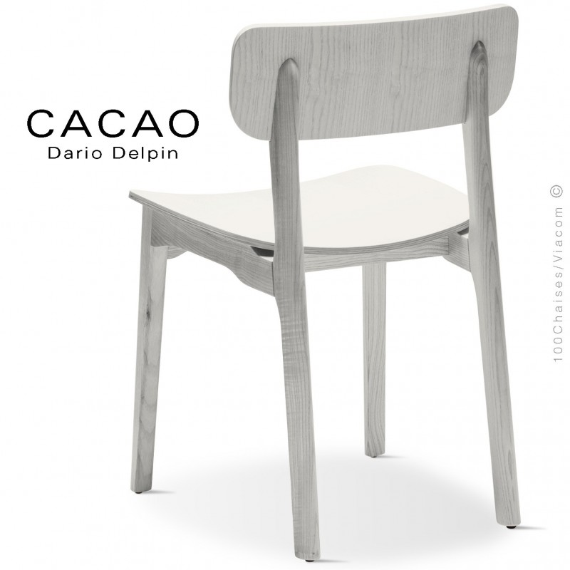 Chaise design CACAO-L, piétement et assise bois teinté blanc.