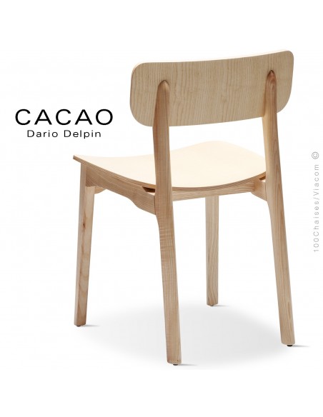 Chaise design CACAO-L, piétement et assise bois frêne, vernis naturel incolore.