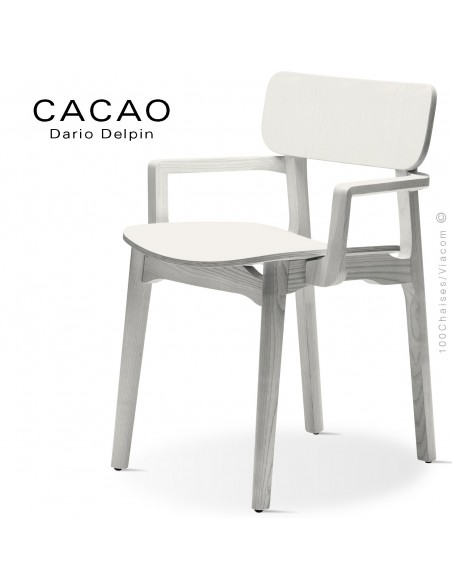 Fauteuil design CACAO-LP, structure et assise bois massif de Frêne, teinté blanc.