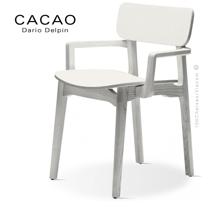 Fauteuil design CACAO-LP, structure et assise bois massif de Frêne, teinté blanc.