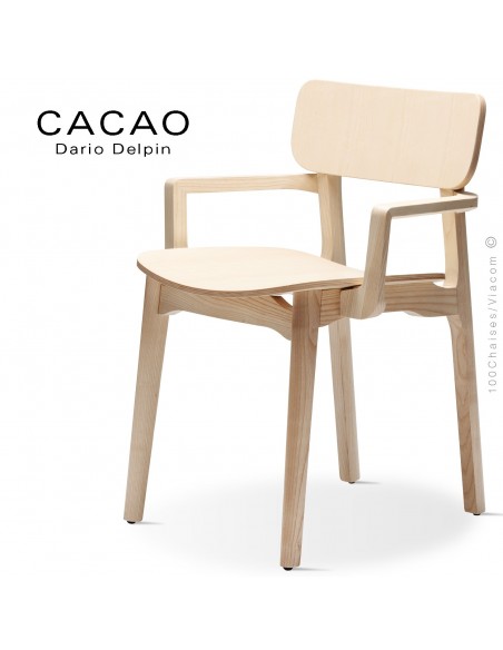 Fauteuil design CACAO-LP, structure et assise bois massif de frêne, vernis naturel incolore.