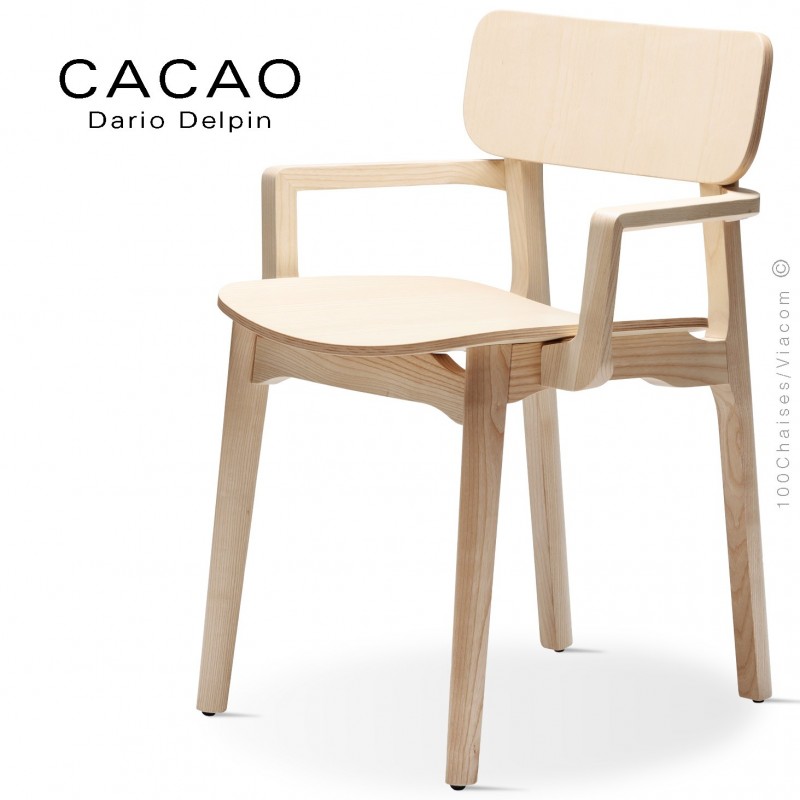 Fauteuil design CACAO-LP, structure et assise bois massif de frêne, vernis naturel incolore.