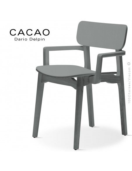 Fauteuil design CACAO-LP, structure et assise bois massif de Frêne, teinté gris.