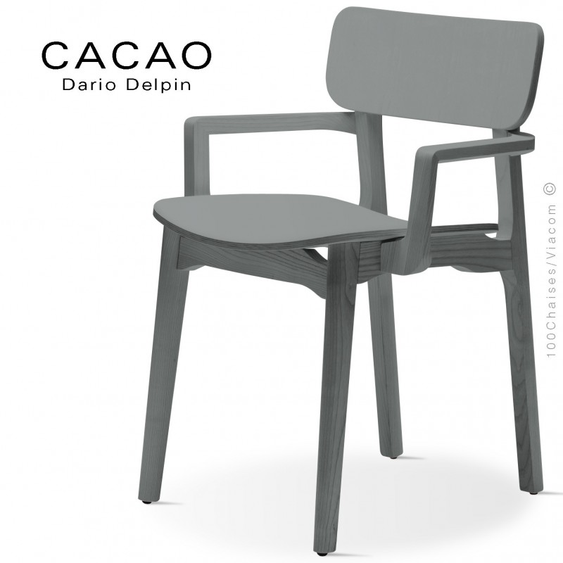 Fauteuil design CACAO-LP, structure et assise bois massif de Frêne, teinté gris.