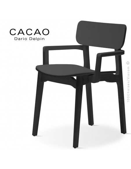 Fauteuil design CACAO-LP, structure et assise bois massif de hêtre avec accoudoirs, teinté noir.