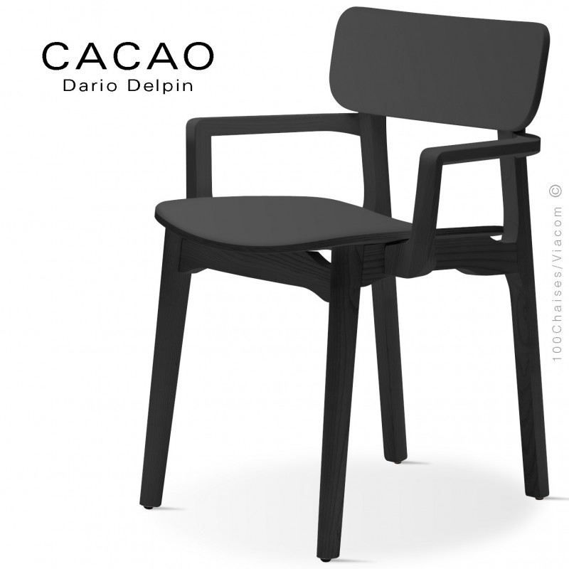 Fauteuil design CACAO-LP, structure et assise bois massif de hêtre avec accoudoirs, teinté noir.