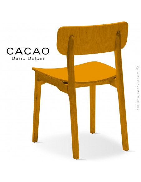 Chaise design CACAO-L, piétement et assise bois teinté jaune.