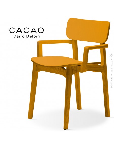 Fauteuil design CACAO-LP, structure et assise bois massif de Frêne, teinté jaune.