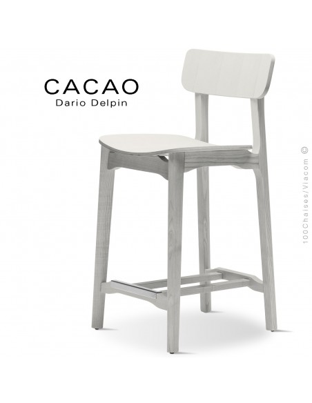 Tabouret de cuisine design CACAO-LSG65, structure et assise bois massif de frêne, teinté blanc.