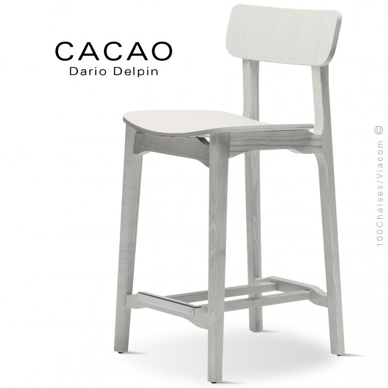 Tabouret de cuisine design CACAO-LSG65, structure et assise bois massif de frêne, teinté blanc.