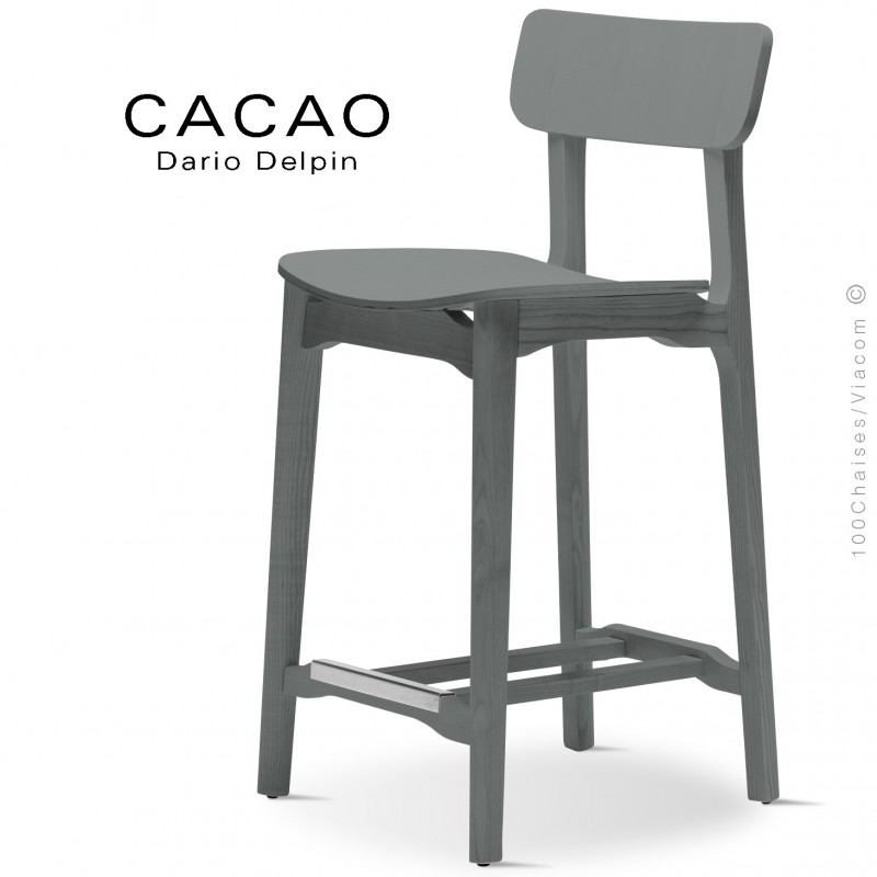 Tabouret de cuisine design CACAO-LSG65, structure et assise bois massif de frêne, teinté gris.