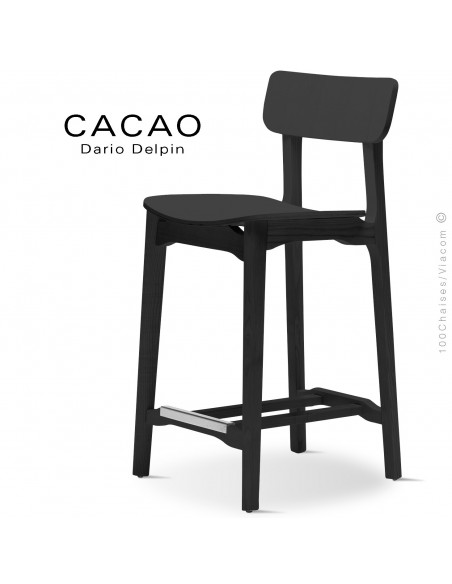 Tabouret de cuisine design CACAO-LSG65, structure et assise bois massif de frêne, teinté noir.
