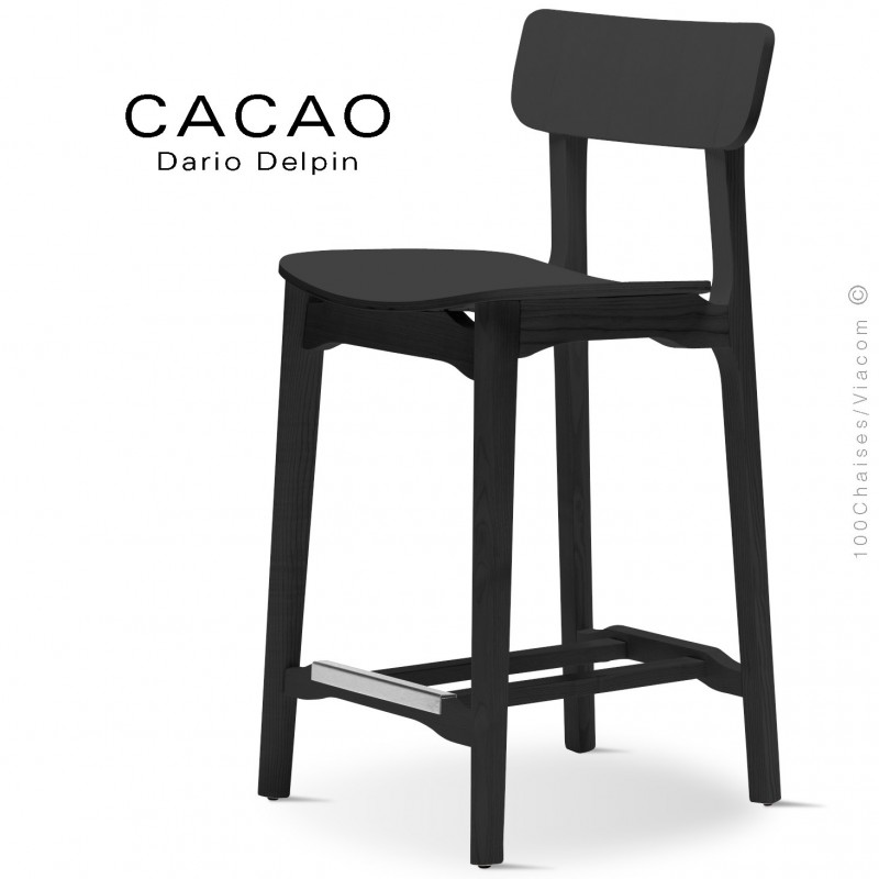 Tabouret de cuisine design CACAO-LSG65, structure et assise bois massif de frêne, teinté noir.