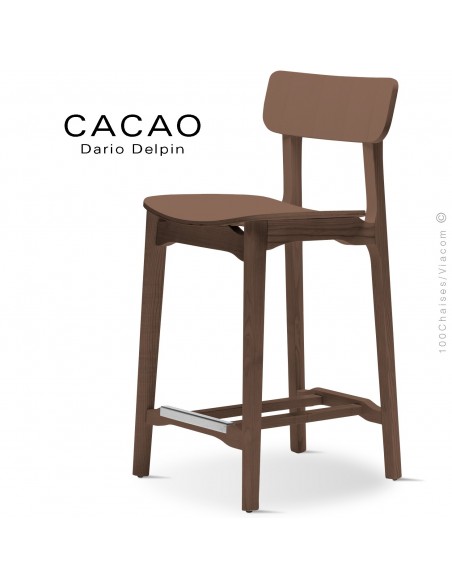 Tabouret de cuisine design CACAO-LSG65, structure et assise bois massif de frêne, teinté noyer.