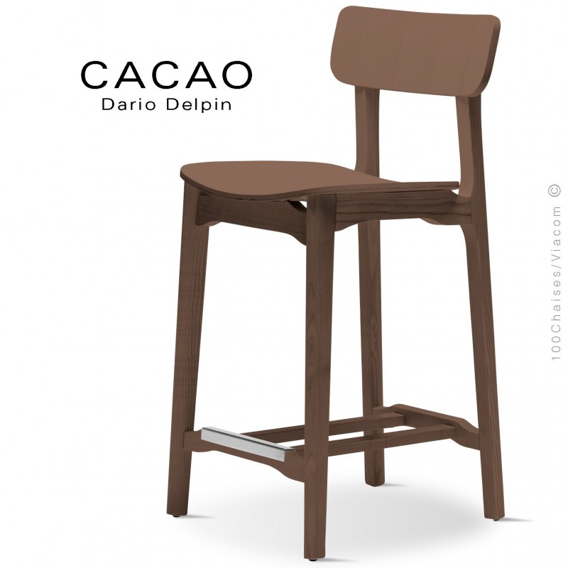 Tabouret de cuisine design CACAO-LSG65, structure et assise bois massif de frêne, teinté noyer.