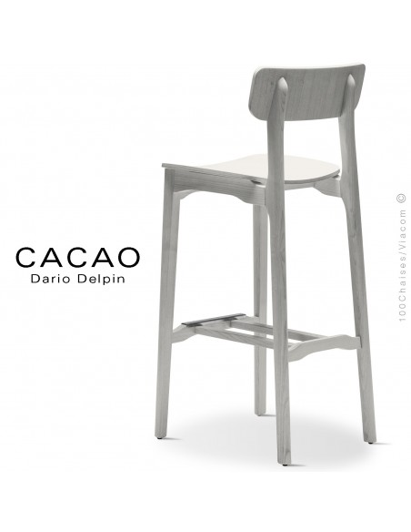 Tabouret bois de bar design CACAO-LSG80, structure et assise bois massif de frêne, avec repose pieds inox, teinté blanc.