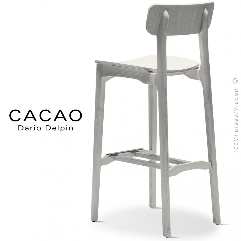 Tabouret bois de bar design CACAO-LSG80, structure et assise bois massif de frêne, avec repose pieds inox, teinté blanc.