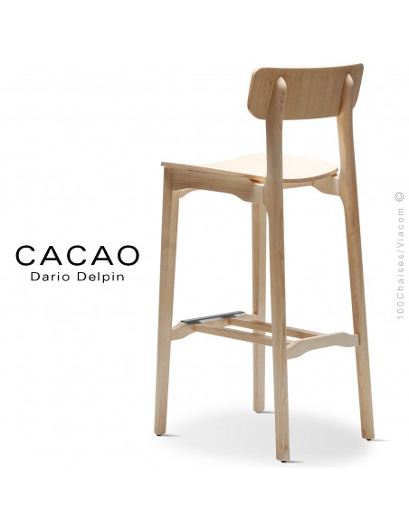 Tabouret bois de bar design CACAO-LSG80, structure et assise bois massif de frêne, avec repose pieds inox, vernis naturel.