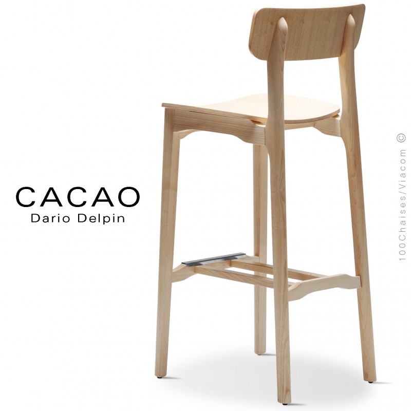 Tabouret bois de bar design CACAO-LSG80, structure et assise bois massif de frêne, avec repose pieds inox, vernis naturel.