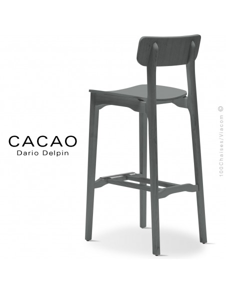 Tabouret bois de bar design CACAO-LSG80, structure et assise bois massif de frêne, avec repose pieds inox, teinté gris.