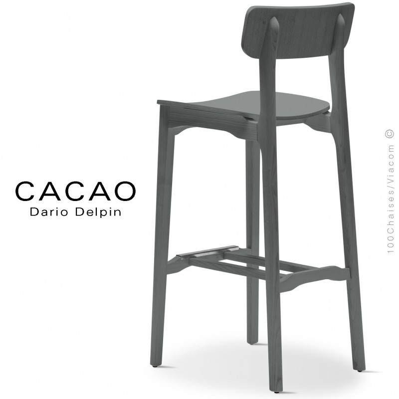 Tabouret bois de bar design CACAO-LSG80, structure et assise bois massif de frêne, avec repose pieds inox, teinté gris.